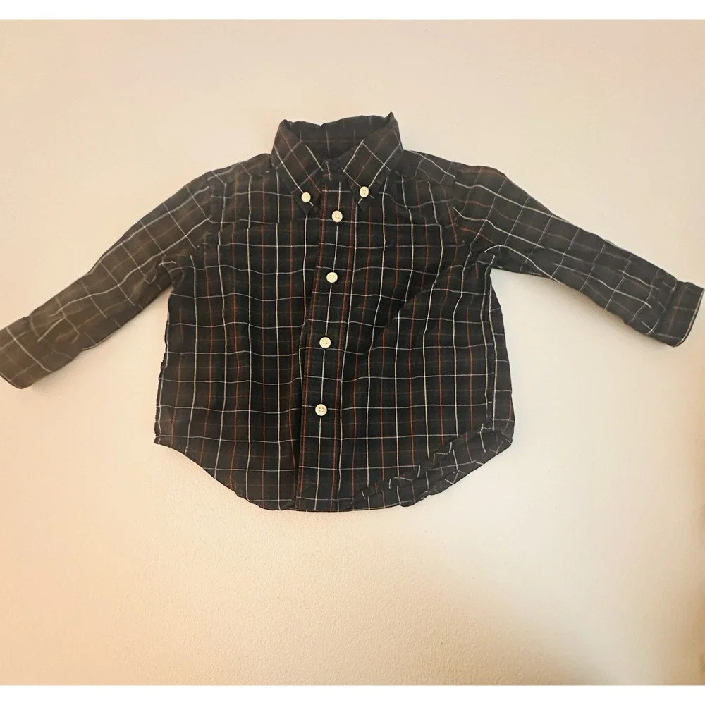 Ralph Lauren Boys Plaid Dress Shirt 12M Navy Long Sleeve Button-Up
